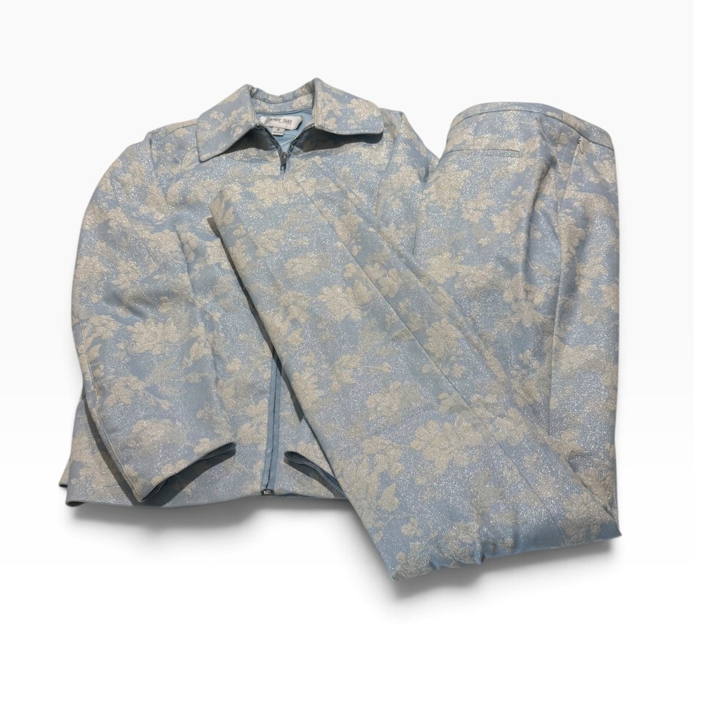 Per Se by Carlisle Blue Silver Floral Brocade Jacket and Pants Suit Set Size 2